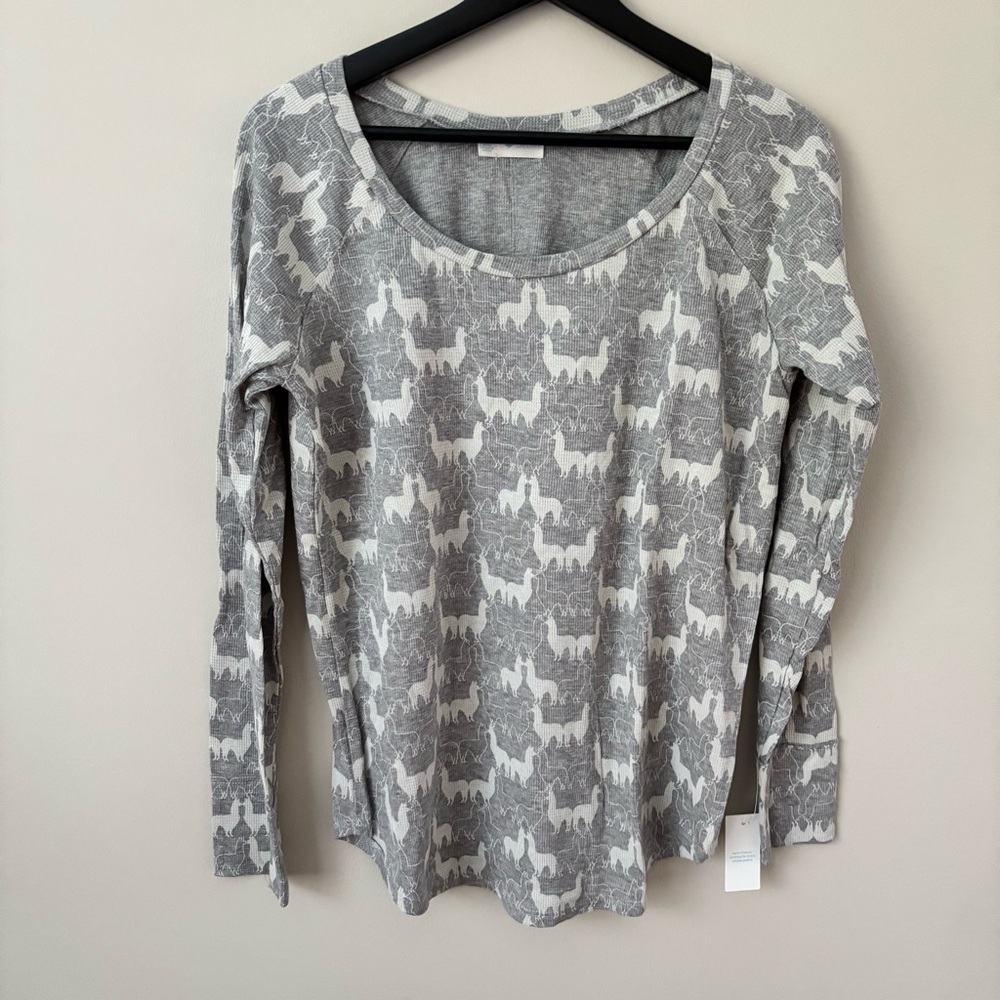 Stem Llama Pattern Long Sleeve Waffle Knit Top S